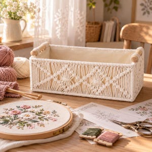 May include: A rectangular storage basket featuring an off-white macrame exterior with a diamond pattern and light wooden handles on each side. The interior is lined with a smooth, solid off-white fabric, providing a clean and structured look.
