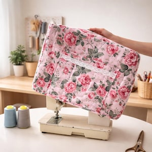 May include: A quilted sewing machine cover featuring a pink fabric base with a repeating pattern of red roses and green leaves. The cover includes a front pocket accented with a white lace trim along the top edge, designed to fit over a machine.