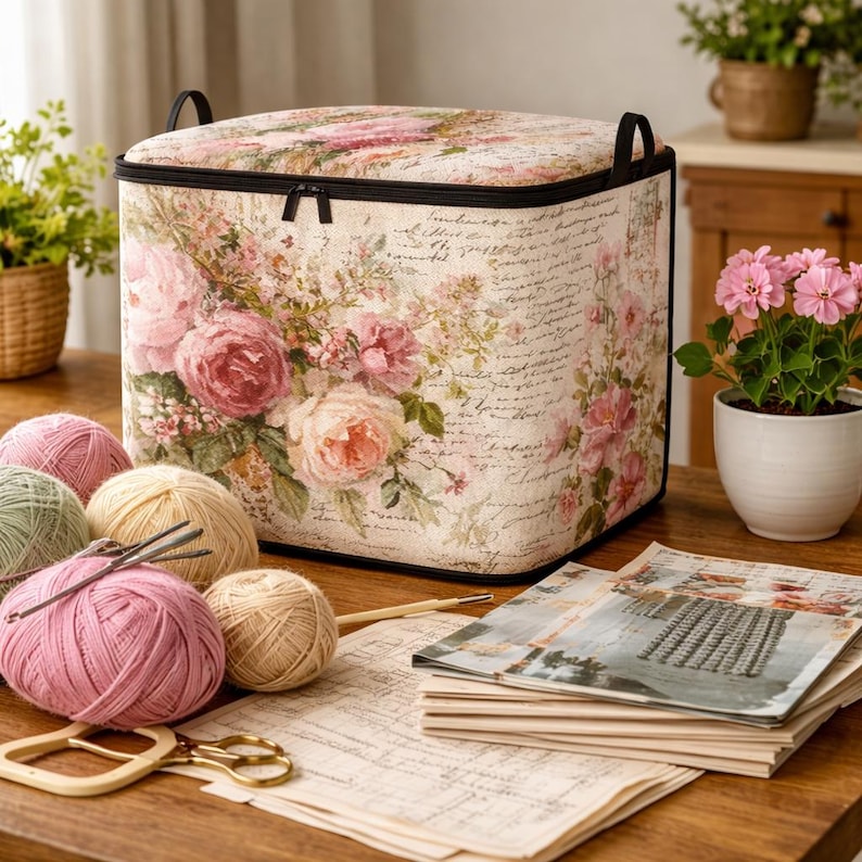 May include: A rectangular fabric storage bin with a floral rose pattern and cursive script text on a cream background. The bin features a zippered lid, black trim, and two black side handles. It is surrounded by yarn balls and papers.