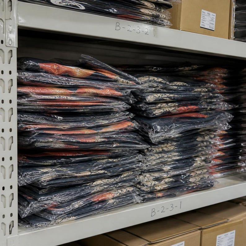 May include: Multiple stacks of folded dark-colored garments individually wrapped in clear plastic bags, organized on a white metal warehouse shelf. The garments feature a visible orange and white graphic print on the front of each folded item.