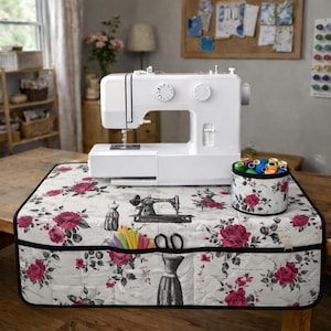 Sewing Machine Mat with Pockets, Quilted Craft Organizer Cover, Sewing Table Protector, Quilting Gift for Sewers