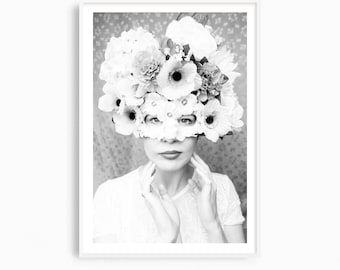 Fashion wall art, black and white photography print. Large fine art photographs, surreal masked ball art, masquerade art print