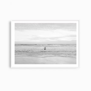 Black and white beach photography print, swimming wall art for minimalist coastal decor, large contemporary photograph