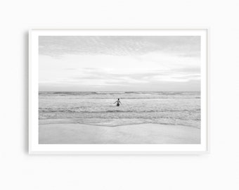 Black and white beach photography print, swimming wall art for minimalist coastal decor, large contemporary photograph