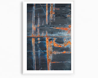 Industrial Rust Art Print: Dark Blue & Orange Abstract Photography