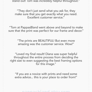 May include: A white background with black text highlighting positive customer reviews for a print shop. The text includes quotes from customers praising the quality of the prints, the customer service, and the overall experience. The text also includes the shop's website address: pappasbland.etsy.com.