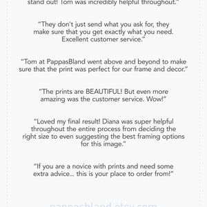 May include: A white background with black text highlighting positive customer reviews for a print shop. The text includes quotes from customers praising the quality of the prints, the customer service, and the overall experience. The text also includes the shop's website address: pappasbland.etsy.com.