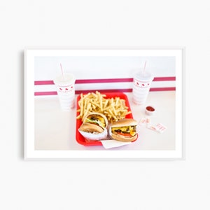 Kitchen wall decor, framed In-N-Out Burger art print, cheeseburger and fries, fast food art, ready to hang In N Out Burger photograph