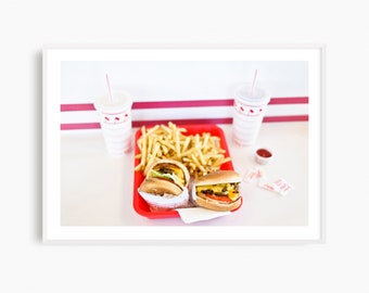 Kitchen wall decor, framed In-N-Out Burger art print, cheeseburger and fries, fast food art, ready to hang In N Out Burger photograph