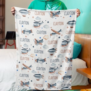 Airplane Helicopter Kids Blanket, Custom Name Fleece Blanket for Boys, Personalized Toddler Air Transport Throw Blanket