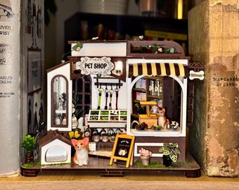Fully Assembled Completed Highly Detailed Pet Shop Book Nook/ Miniature with Battery-Operated LED Light and Movable Pets- Perfect Gift!