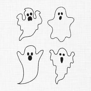 May include: Four whimsical ghost illustrations in black outline on a white background. Each ghost has a unique shape and expression, with open mouths and dot eyes. The design is simple and suitable for Halloween-themed crafts or decorations.