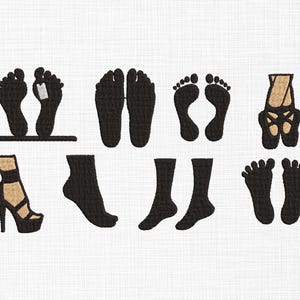 May include: Black and tan embroidery designs of feet, including footprints, socks, and high heels. The designs are arranged in a grid pattern on a white background. The image is suitable for embroidery projects.