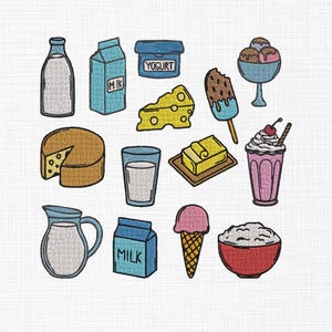 May include: An illustration of various dairy products, including a milk bottle, carton of milk, yogurt, cheese, ice cream, a milkshake, butter, and cottage cheese. The image has a hand-drawn style with a white background.