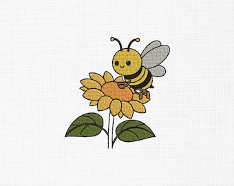 Bee on Sunflower Embroidery Design: Bumblebee Floral Stitch Pattern (Digital Download