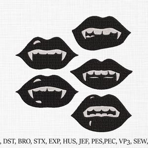 May include: Five black embroidered lips with white fangs on a white background. The lips are in various positions, some open and some closed. The image includes the text "EMB, DST, BRO, STX, EXP, HUS, JEF, PES, PEC, VP3, SEW, XXX".