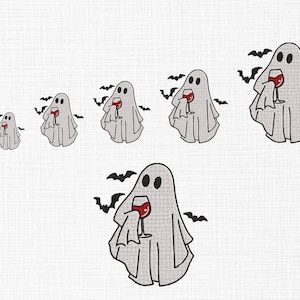 May include: A collection of embroidered ghost designs, each holding a glass of red wine. Black bats surround the ghosts, creating a Halloween theme. The ghosts are in various sizes, with a light gray color and black eyes.