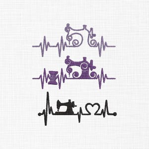 May include: Three sewing machine designs in purple and black, integrated into a heartbeat line pattern. The top two designs are purple, and the bottom design is black. The background is a white, textured fabric.