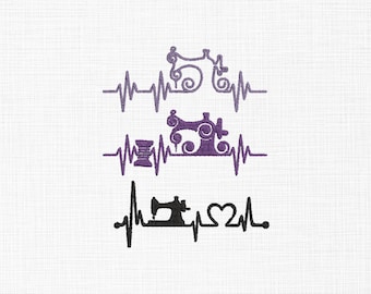 Sewing line art Sewing Heartbeat Embroidery Design, Sewing Machine & Thread Machine Embroidery Pattern, Quilter Gift Digital File