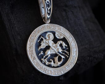 Sterling Silver Saint George Pendant: Enamel Orthodox Medal
