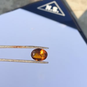 May include: An oval-cut, golden-orange gemstone is held by a pair of tweezers against a light blue background. The gem has a faceted surface, catching the light. The image also shows a blue surface with the letters "N.S." in a white triangle.
