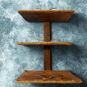 Made to Order. 3 Tier Nautical Rustic Handmade Wooden Wall Shelf with Rope Trim