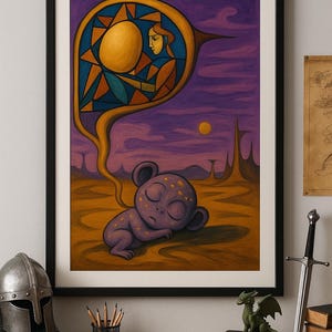 Surreal Dreamscape – Sleeping Purple Creature with Cosmic Vision | Fantasy Surrealist Wall Art