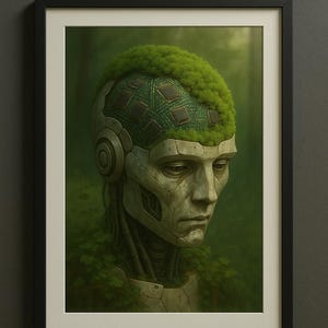 Cybernetic Forest Guardian – Post-Apocalyptic Robot with Moss | Sci-Fi Surreal Wall Art Print