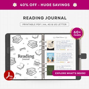 Utskrivbara läsdagböcker, paket, 60+ sidor, bokläsdagbok i PDF-format, läsplanerare | A4 A5 Letter PDF-nedladdning