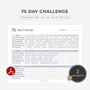 75 Day Challenge, Health and Fitness Goals, Habit Tracker : A4/A5/Letter (Printable)