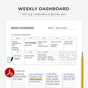 Könnte beinhalten: Eine weiße Wochenplaner-Seite mit einem 7-Tage-Zeitplan, einem täglichen Gewohnheits-Tracker mit Häkchen und einem Aufgabenbereich mit der Überschrift Get Things Done. Das Dokument enthält Textfelder für die Woche vom 22. April 2024 und digitale Symbole.