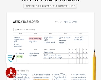 Weekly Dashboard Planner Printable | Vertical Weekly Planner & Schedule | Task Tracker, Productivity, To-do List | A4 A5 Letter PDF Download
