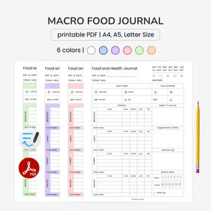 Macro Food Journal, Nutrition Tracker - Protein, Carbs, Fats, Calories : A4/A5/Letter (Printable PDF)