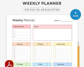 Vertical Weekly Planner Printable | Undated Weekly Planner, Weekly To Do List, Notes, Habit Tracker | Weekly Task Planner | A4 Letter A5 PDF