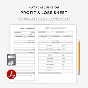 May include: An auto calculation profit and loss sheet template in A4 and US letter sizes. The document features sections for business name, reporting period, gross revenue, total expenses, net income, income and sales, and expenses, with a calculator and pencil.