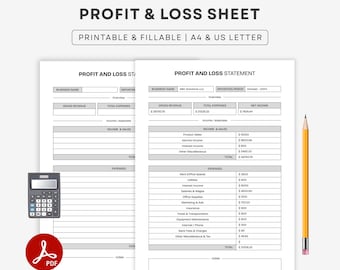 Profit and Loss Statement Template For Small Business - Printable & Fillable. Auto-Calculation : A4 Letter PDF.