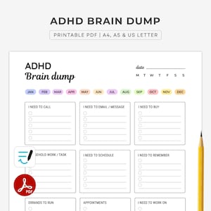 May include: A printable PDF planner titled "ADHD Brain Dump" with sections for tasks, appointments, and notes. The planner includes a calendar and is available in A4, A5, and US Letter sizes. A yellow pencil is in the right corner.