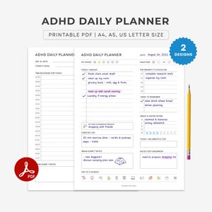 May include: ADHD daily planner printable PDF in A4, A5, and US Letter sizes. The planner includes sections for daily goals, time blocking, mood tracking, and to-do lists. A yellow pencil and a blue badge with the number 2 are also visible.