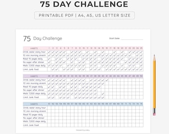 75-dagen challenge, gezondheids- en fitnessdoelen, gewoonte-tracker: A4/A5/Letter (printbaar)