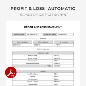 May include: A printable and fillable profit and loss statement with the text "PROFIT & LOSS AUTOMATIC". The document includes sections for gross revenue, total expenses, and net income. The document is labeled "A4 & US LETTER". A PDF icon is in the lower left corner.