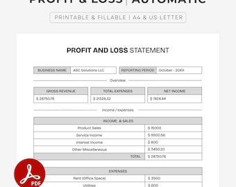 Profit and Loss Statement Template For Small Business - Printable & Fillable. Auto-Calculation : A4/Letter PDF.