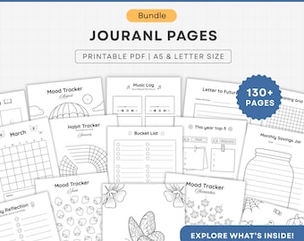 Printable Journal Pages | Journal Bundle Pages, Habit Trackers, Mood Trackers, Self Care, Reading, Calendars  | Letter, A5 insert PDF