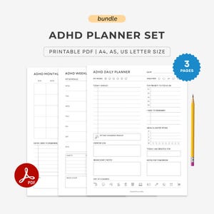 Minimalist ADHD Planner Bundle For Adults | Daily, Weekly & Monthly Planner Template | To-do List, Focus, Productivity | A4 A5 Letter PDF