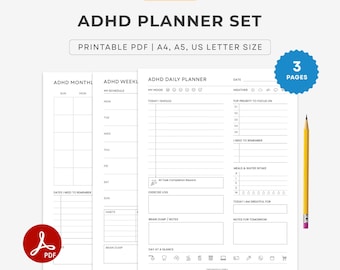 Minimalist ADHD Planner Bundle For Adults | Daily, Weekly & Monthly Planner Template | To-do List, Focus, Productivity | A4 A5 Letter PDF