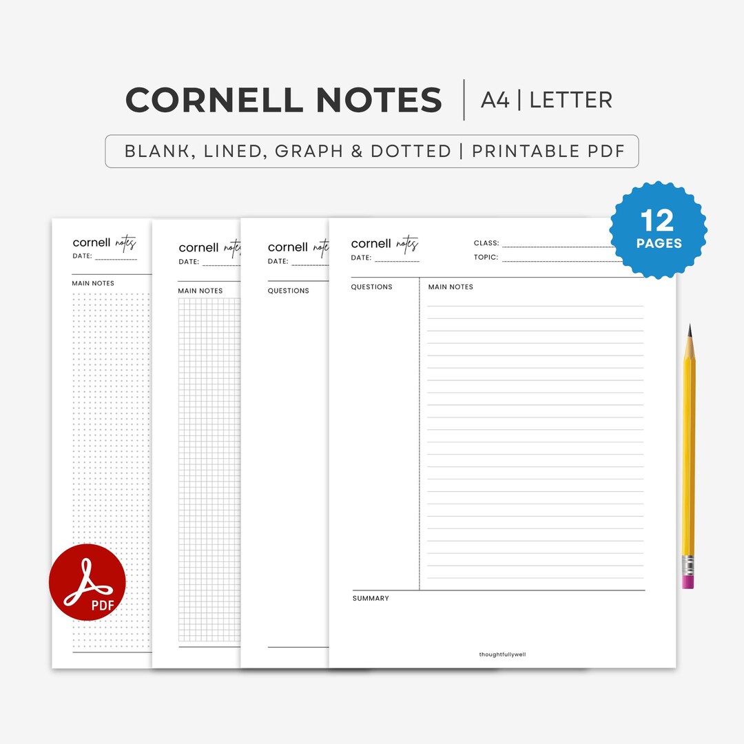 Cornell Notes Template, Lecture Note Taking : A4/US Letter PDF ...