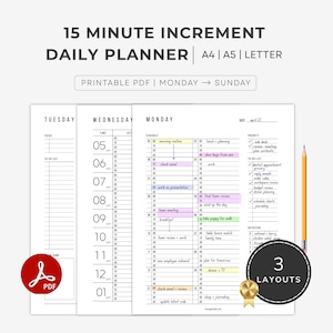 Daily 15 minutes Increment Planner Template - Printable. Timeblocking Planner: A4/A5/Letter PDF