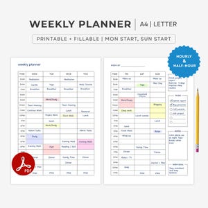 May include: A printable weekly planner with a clean, organized layout. The design includes sections for each day of the week, with hourly and half-hourly time slots. The planner features a PDF icon and a blue circular badge with the text "Hourly & Half-Hour".