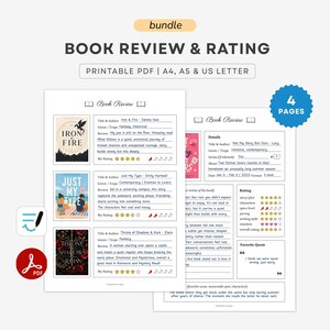 Op de afbeelding: Een printbaar PDF-pakket voor boekrecensies en beoordelingen, bestaande uit vier pagina's in A4, A5 en US Letter-formaat. De lay-out bevat secties voor titel, auteur, genre, tropes, geschreven recensies en ster- of chili-beoordelingen.