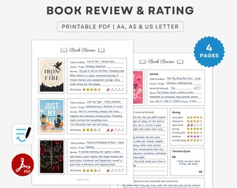 Printable Book Review Template | Book Review Sheet, Pages | Book Rating System, Book Rating Journal, Spice Rating | A4 A5 Letter PDF