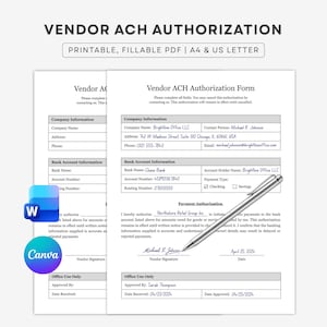 Vendor ACH Authorization Form Template - Standard : A4/Letter (Printable & Fillable), Edit In Word, Canva